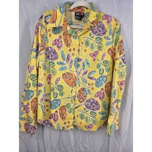 Redd Jeans Vintage 90s Aloha Yellow Leaf Artsy Button Down Shirt Womens 16
